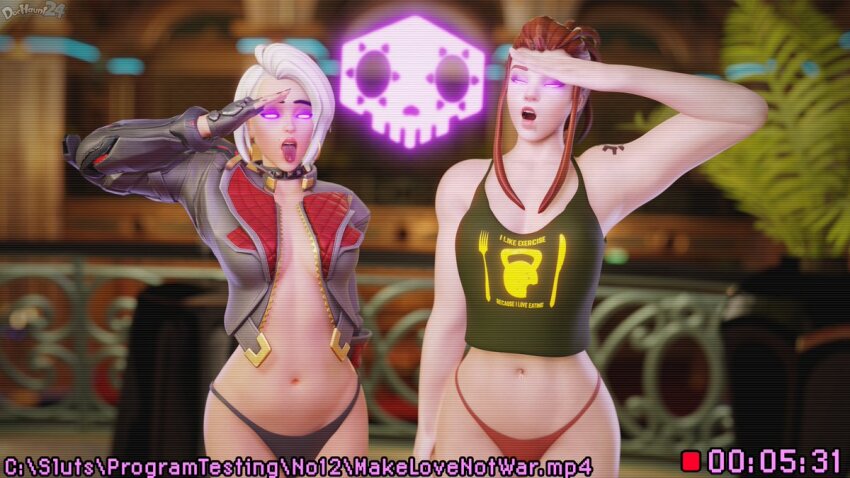 3d ashe_(overwatch) brigitte_(overwatch) brown_hair dochaunt glowing_eyes overwatch panties purple_eyes saluting standing_at_attention tagme tongue_out white_hair