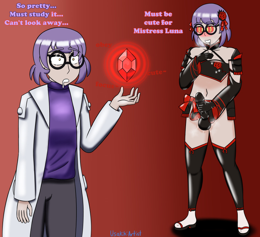arm_warmers armor bare_shoulders bulge drool final_fantasy final_fantasy_xiv glasses gloves hair_ornament hair_ribbon lab_coat latex male_only malesub masturbation pants purple_hair ribbon short_hair spiral spiral_eyes sweater text thighhighs usakiki