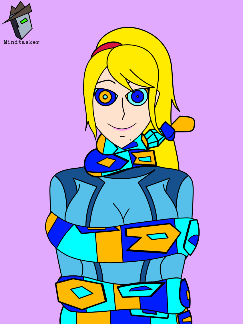 blonde_hair coils diamond_snake_(mindtasker) femsub happy_trance kaa_eyes metroid_(series) mindtasker_(colorist) nintendo original ponytail samus_aran simple_background spiral_eyes zero_suit