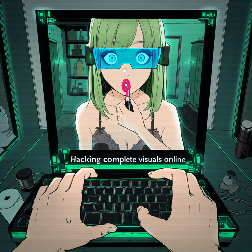 ai_art bedroom blonde_hair body_control cleavage empty_eyes english_text femsub hacking hellsing002_(generator) keyboard lingerie lipstick mind_hack monitor puckered_lips tech_control text visor