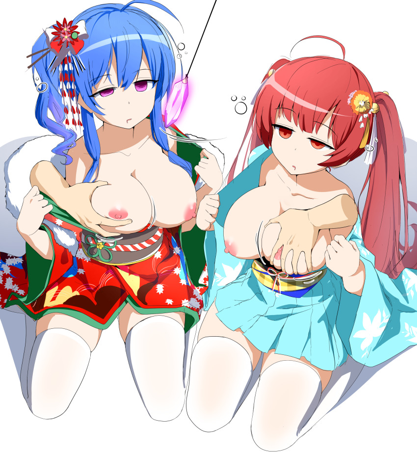 ahoge alternate_costume asymmetrical_eyelids azur_lane blue_hair breast_grab bubble cleavage collarbone crystal dazed drool empty_eyes erect_nipples etlabsotwe eyebrows_visible_through_hair female_only femsub hair_ornament honolulu_(azur_lane) kimono large_breasts long_hair multiple_girls multiple_subs nipples pendulum purple_eyes red_eyes red_hair side_ponytail sleepy st_louis_(azur_lane) thighhighs topless twintails undressing