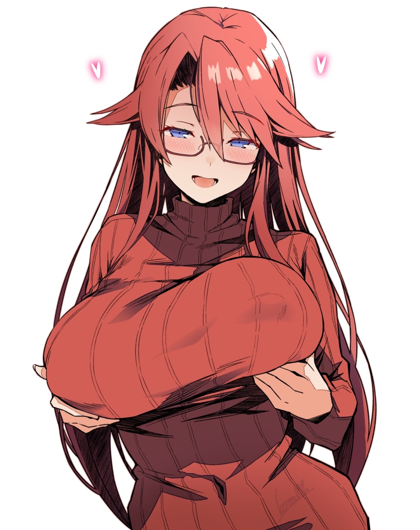 aty batta18th before_and_after blue_eyes blush breast_grab breasts corruption erect_nipples_under_clothes femsub glasses heart huge_breasts long_hair nipples open_mouth red_hair simple_background smile summon_night sweater teacher white_background