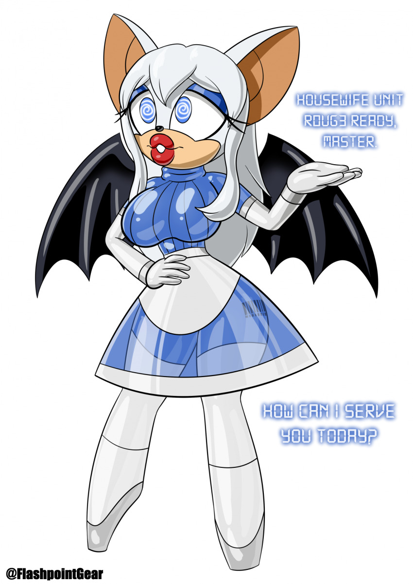 absurdres ahegao altered_common_sense alternate_costume animal_ears bat_girl bat_wings bimbofication bodysuit clothed clothed_exposure collar empty_eyes eyeshadow female_only femsub flashpointgear furry gloves happy_trance high_heels housewife huge_breasts latex lipstick open_mouth rouge_the_bat rubber smile solo sonic_the_hedgehog_(series) spiral spiral_eyes standing standing_at_attention stepfordization symbol_in_eyes tech_control