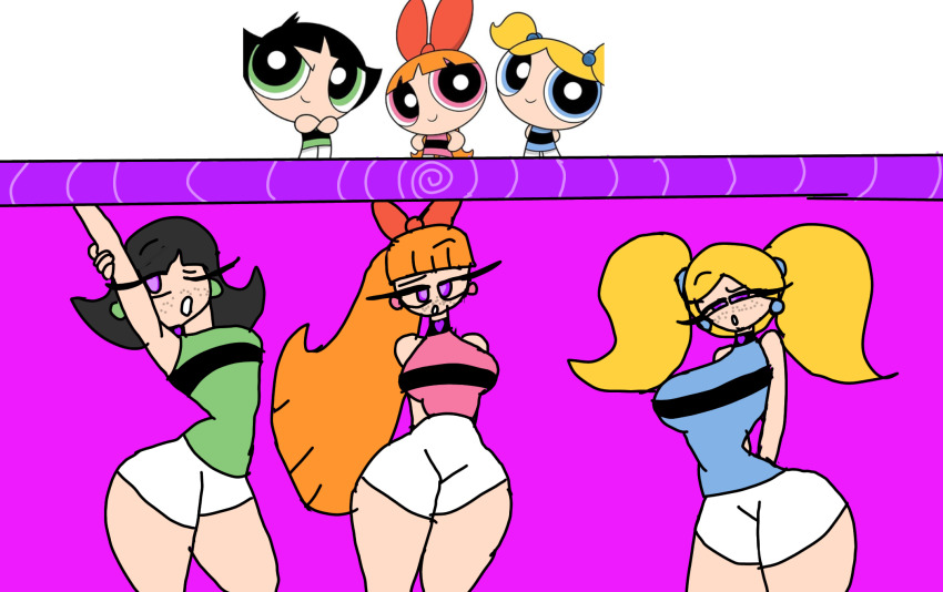 aged_up bimbofication black_hair blonde_hair blossom bubbles buttercup collar earrings femsub orange_hair ponytail powerpuff_girls purple_eyes red_hair sluttybasil tagme tight_clothing twintails