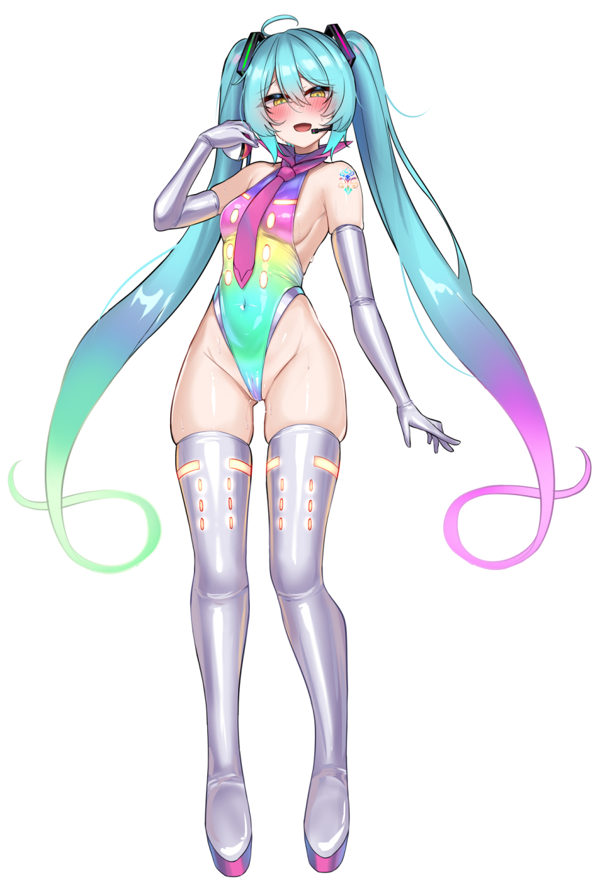 ahoge bare_shoulders blue_hair blush breasts cameltoe eyebrows_visible_through_hair femsub gloves green_hair happy_trance kutan leotard malamar malamar_outfit mega_malamar miku_hatsune multicolored_hair navel nintendo open_mouth opera_gloves pink_hair pokemon pokemon_(creature) pokemon_legends_z-a pussy_juice sideboob signature simple_background small_breasts sweat swimsuit tattoo thigh_boots thighs tie tight_clothing twintails very_long_hair vocaloid white_background yellow_eyes