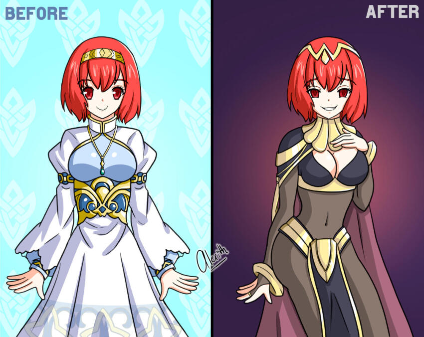 alerith before_and_after bodysuit breasts cape cleavage cleavage_cutout corruption empty_eyes english_text evil_smile female_only femsub fire_emblem fire_emblem_awakening fire_emblem_shadow_dragon_and_the_blade_of_light happy_trance looking_at_viewer maria_(fire_emblem) navel nintendo orange_eyes orange_hair short_hair smile text