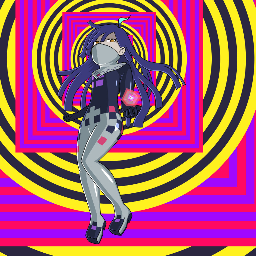 blue_hair bodysuit floating hypnotic_accessory hypnotic_eyes latex long_hair professor-celestino puyo_puyo scarf spiral_background squares_(puyo_puyo) yellow_eyes