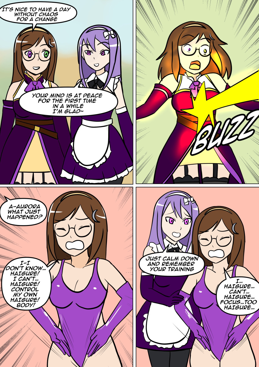 aurora_(cosmicaurora) breast_grab brown_hair clefla enemy_conversion femsub haigure heterochromia hypnotized_hypnotist leotard lyra_(cosmicaurora) original purple_eyes purple_hair tagme