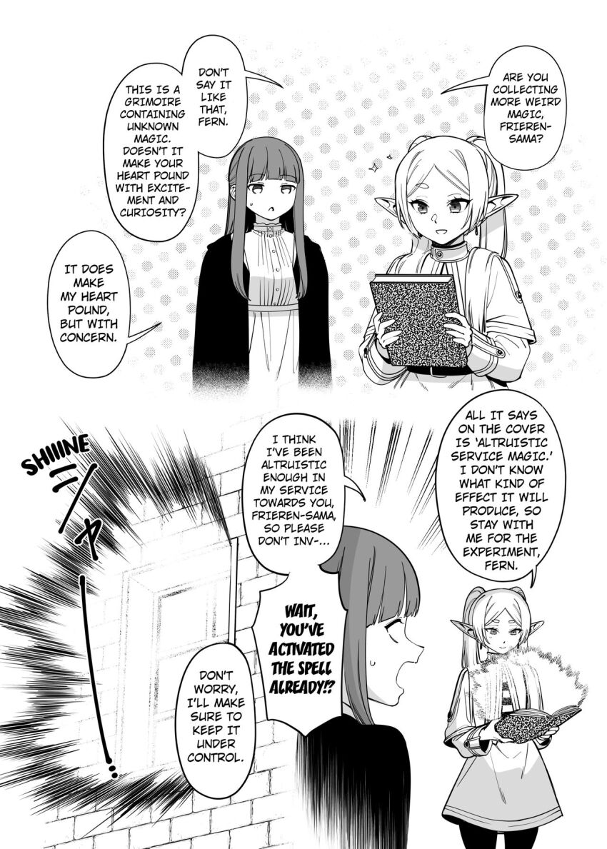 bottomless empty_eyes expressionless fan_(f.w.zholic) femsub fern_(frieren:_beyond_journey&#039;s_end) frieren frieren:_beyond_journey&#039;s_end huge_breasts magic monochrome self_hypnosis small_breasts tagme translated