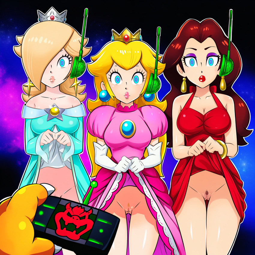 ai_art antenna blonde_hair bowser bracelet brown_hair claws crown dress earpiece earrings empty_eyes expressionless eyeshadow femsub hellsing002_(generator) king lipstick makeup maledom nintendo pauline princess princess_peach princess_rosalina pubic_hair pussy remote_control royalty skirt skirt_lift super_mario_bros. super_mario_galaxy super_mario_odyssey tech_control
