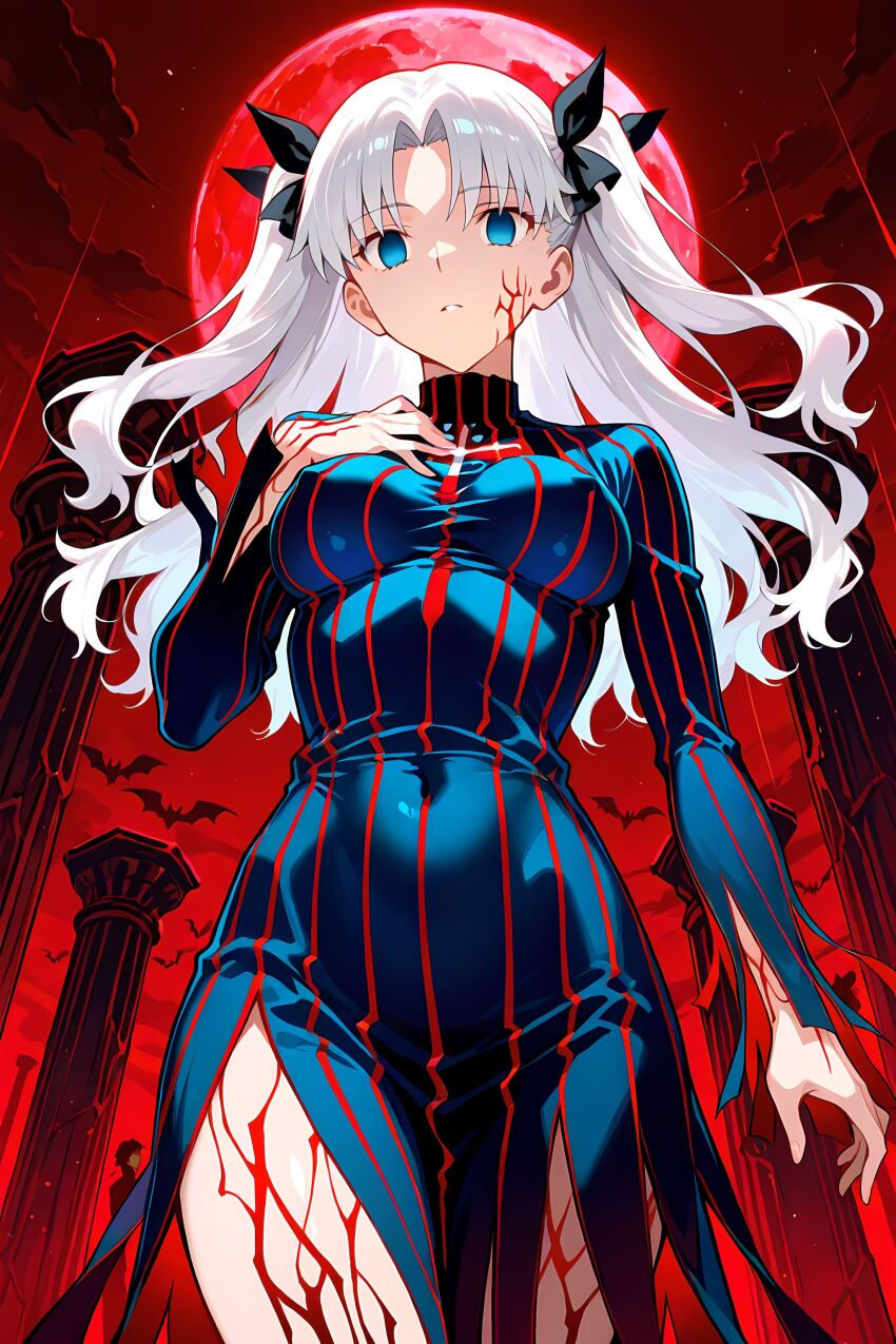 ai_art angra_mainyu blue_eyes body_markings chair chenwenjia_(generator) clothed corruption cosplay dark_sakura expressionless facial_markings fate/stay_night fate/stay_night_heaven's_feel fate_(series) femsub hair_color_change long_hair looking_at_viewer possession rin_tohsaka white_hair
