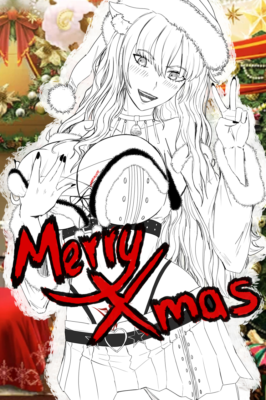 blush body_markings breasts christmas command_seal control_indicator english_text fate/grand_order fate_(series) femsub happy_trance hat large_breasts long_hair midriff nail_polish navel possession ritsuka_fujimaru_(male) santa_costume santa_hat suzuka_gozen_(fate/grand_order) text umbra_callistis v