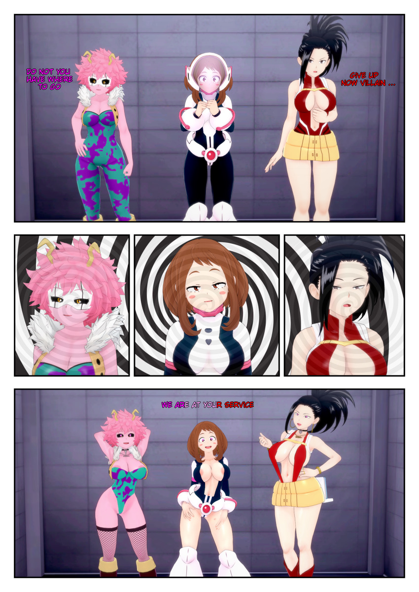 3d bimbofication breasts femsub happy_trance heart_eyes koikatsu! mina_ashido momo_yaoyorozu my_hero_academia ochaco_uraraka symbol_in_eyes tagme takazumishan text