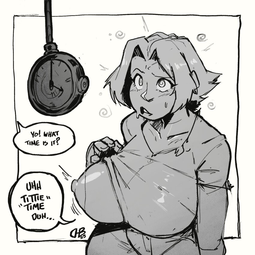 blush breasts darkhatboy dazed dialogue femsub greyscale huge_breasts hypnovember monochrome nipples one_breast_out open_mouth original pocket_watch shirt shirt_lift short_hair simple_background solo spiral_eyes sweat text white_background