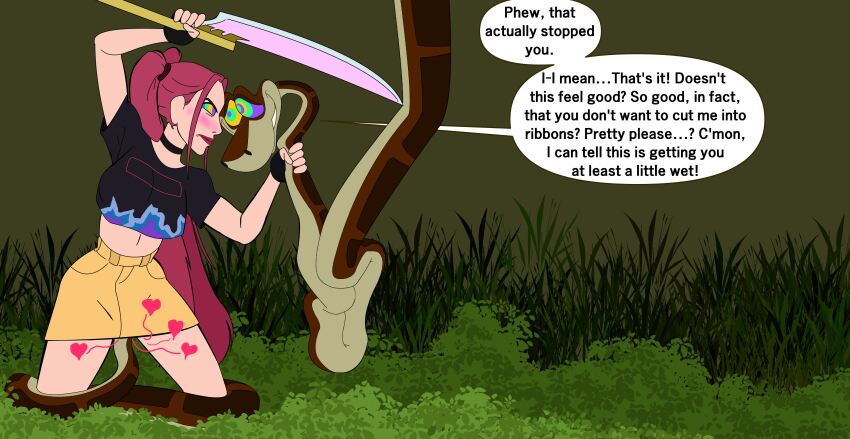 absurdres angry blush coils colorrings crop_top crossover crotch_rub dialogue disney english_text heart humor hypnotic_eyes kaa kaa_eyes kpop_demon_hunters lipstick makeup midriff mira_(kpop_demon_hunters) navel resisting skirt smile snake spear speech_bubble spiral spiral_eyes symbol_in_eyes tail text the_jungle_book thighs twintails upskirt very_long_hair weapon