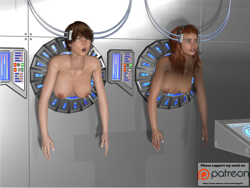 3d bangs blue_eyes brain_drain breasts brown_hair cables collarbone creativeguy59 daz_studio female_only femsub headdress long_hair multiple_girls nail_polish nipples nude open_mouth orange_hair resisting restrained short_hair straight-cut_bangs tech_control through_wall watermark wires