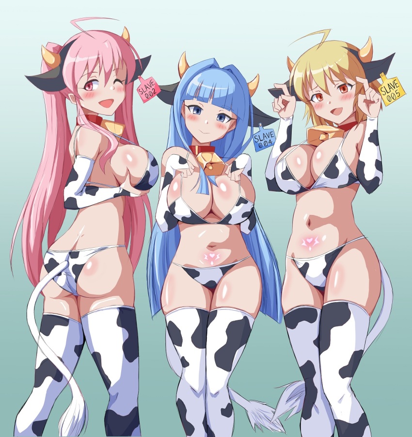 ahoge ass bare_shoulders bell_collar bikini blonde_hair blue_eyes blue_hair blush breast_grab breast_press breasts cherry_(ts_mahou_shoujo_nao!) collar cow_girl cow_print cowbell crotch_tattoo fake_animal_ears fake_tail female_only femsub fingerless_gloves flare_(ts_mahou_shoujo_nao!) gloves gradient_background green_background horns large_breasts looking_at_viewer multiple_girls multiple_subs navel open_mouth opera_gloves orange_eyes pink_eyes pink_hair rain_(ts_mahou_shoujo_nao!) sadenhek short_hair simple_background smile socks standing straight-cut_bangs tattoo thighhighs ts_mahou_shoujo_nao! twintails very_long_hair wink