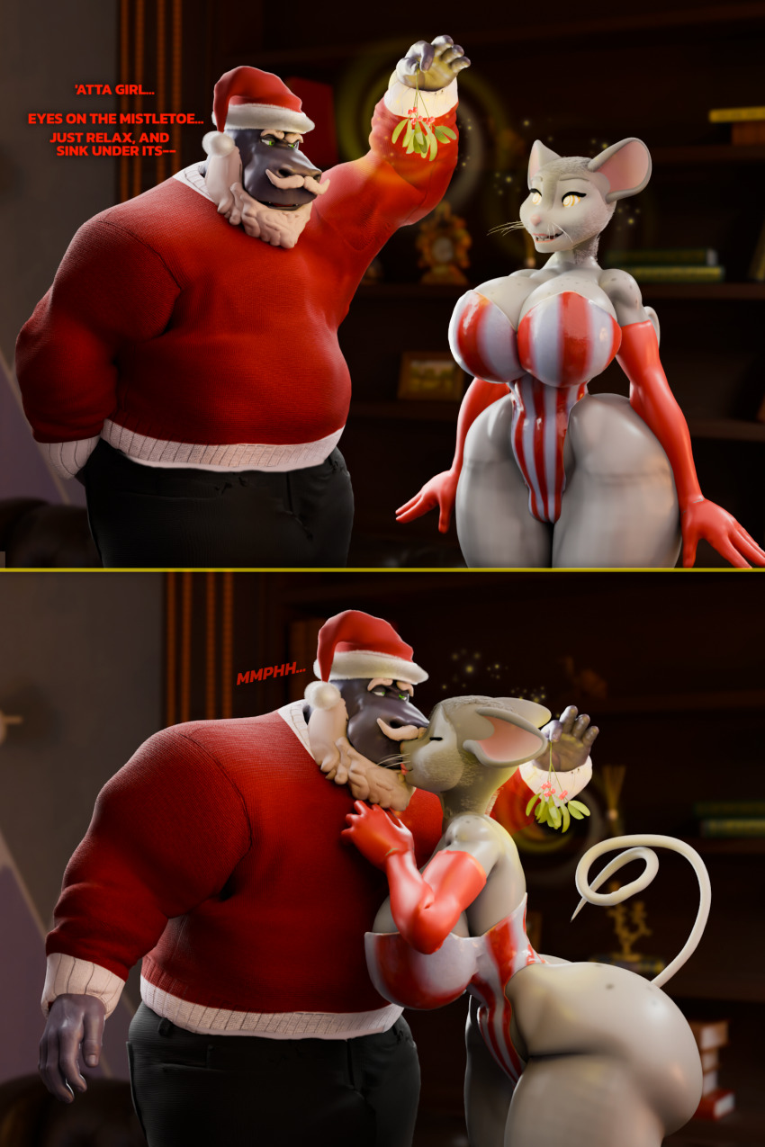 3d animal_ears beard christmas crossed_eyes femsub furry gloves happy_trance harry_hippo_(hypnopotamus) kissing large_ass large_breasts leotard maledom mesmer_mouse_(hypnopotamus) mistletoe mouse_girl original sequence smile spiral_eyes sweater tail text thehypnopotamus white_hair