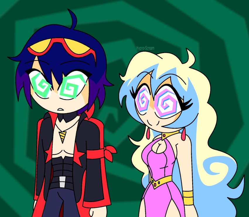 abs ahoge blue_hair breasts cleavage dress earrings femsub glasses glasses_on_head gurren_lagann happy_trance hypnoscream jewelry malesub nia_teppelin platinum_blonde_hair purple_hair short_hair side_slits simon_(gurren_lagann) smile spiral_background spiralwash_eyes very_long_hair