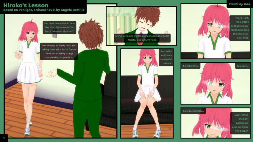 3d comic couch dialogue doa femsub green_eyes hiroko_homura hypnotic_light koikatsu! kyou_koyama maledom penlight pink_hair school_uniform sneakers text