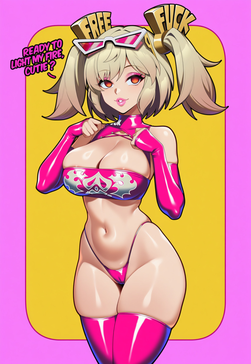 ai_art altered_common_sense bimbofication blonde_hair burnice_white_(zenless_zone_zero) cameltoe empty_eyes english_text eyeshadow femsub hellsing002_(generator) large_breasts latex leggings lipstick seductive_smile sunglasses text thong twintails zenless_zone_zero