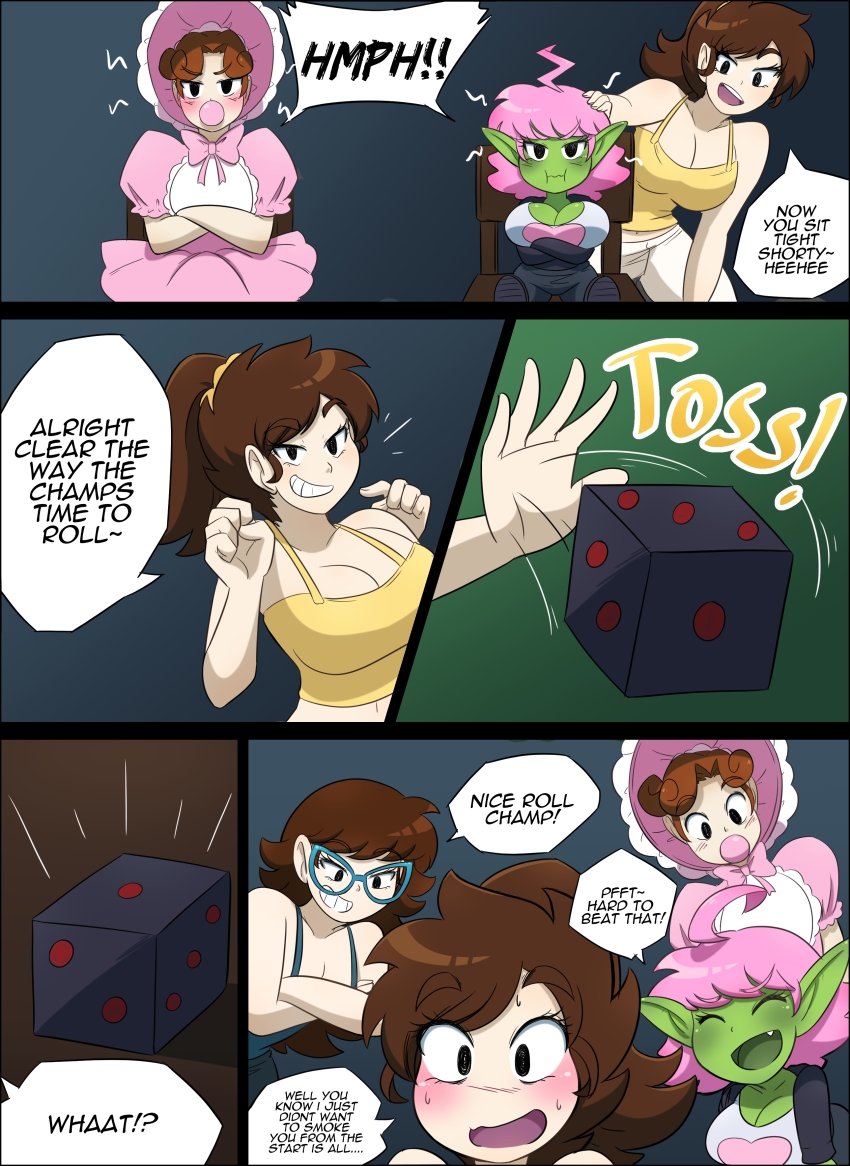 ahoge bib bonnet brown_hair comic curly_hair dress elf_ears glasses goblin green_skin kobi94 large_breasts long_hair pacifier pink_hair ponytail short_hair shortstack speech_bubble text