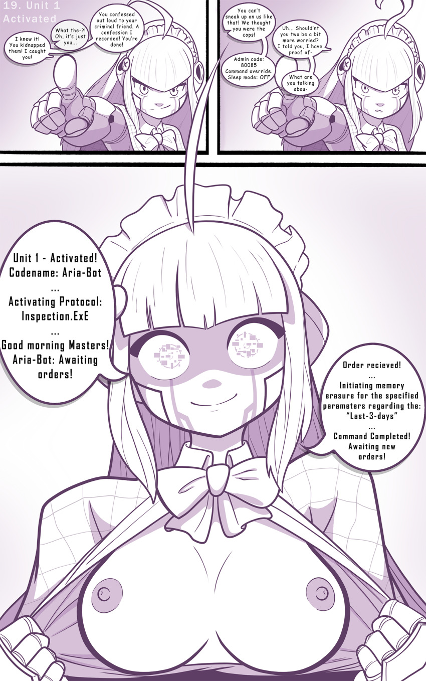 ahoge bow_tie breasts comic disguised_hypnotist exposed_chest fembot femsub hacking happy_trance hypnovember maid memory_alteration original robot_girl robotic_trance smile tagme text undressing
