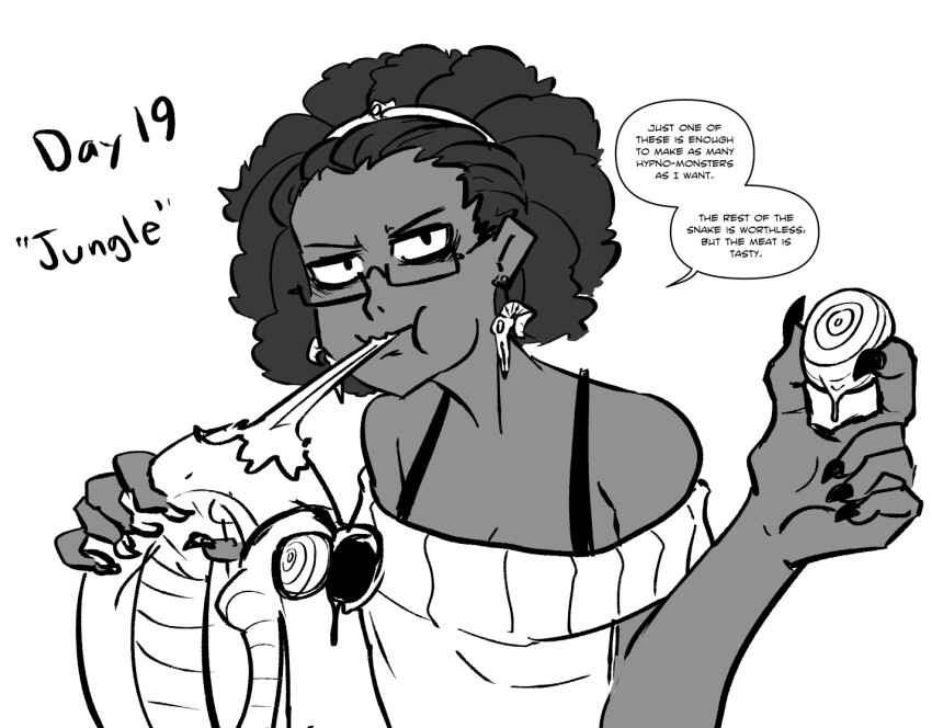 bower_(majinsfw) bra cleavage dark_skin death disney failed_hypnosis female_only food glasses hair_band humor hypnotic_eyes hypnovember kaa long_nails looking_at_viewer majinsfw nail_polish original simple_background snake sweater text the_jungle_book white_background