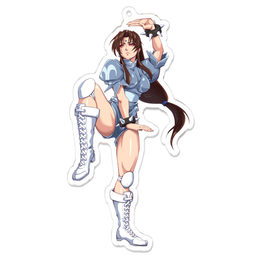 92penpen bangs boots breasts brown_hair chun-li cuffs earrings expressionless eyeshadow femsub kneeling leotard microchip pink_eyes ponytail signature simple_background street_fighter street_fighter_ii_v white_background wide_hips