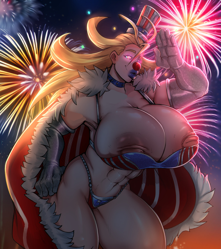 bimbofication blonde_hair cathleen_bate clown clown_girl clownification female_only femsub fireworks glowing_eyes huge_breasts kaa_eyes large_breasts lipstick long_hair makeup my_hero_academia nipples reliusmax saluting solo transformation