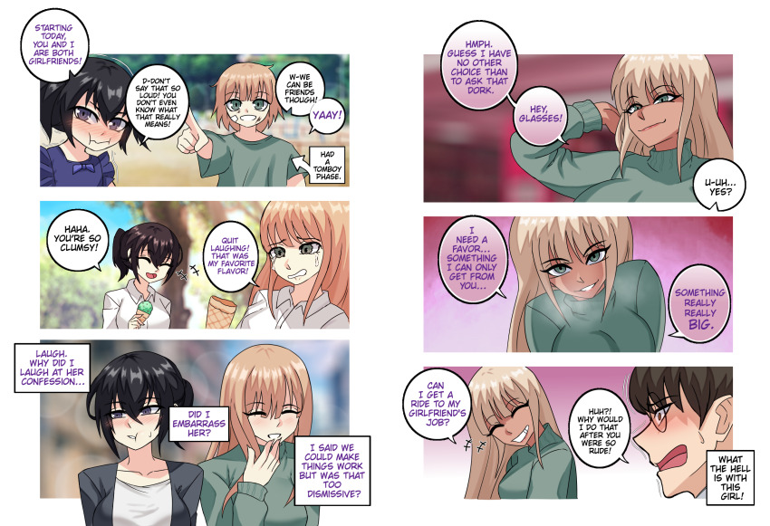 antiyuri_app assertive_sub aya_(antiyuri_app) before_and_after black_hair blonde_hair blush border breast_expansion breasts breath closed_eyes clothed comic embarrassed english_text erasethismail eyebrows_visible_through_hair femsub fumi_(antiyuri_app) glasses green_eyes grey_eyes ice_cream large_breasts long_hair multiple_girls multiple_subs shawn_(antiyuri_app) smile smug speech_bubble sweat sweater tears text verbal_abuse