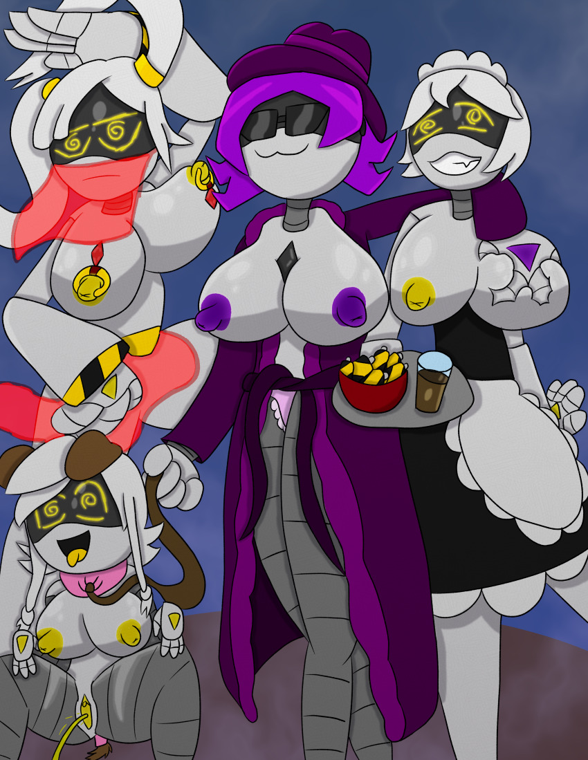 alternate_costume breast_grab breasts collar cyn_(murder_drones) dancer dancing dog_ears dog_pose femdom femsub groping harem_outfit leash maid maid_headdress multiple_girls murder_drones nipple_piercing nipples panties pet_play robot robot_girl serial_designation_j serial_designation_v spiral_eyes tcross urination uzi_doorman