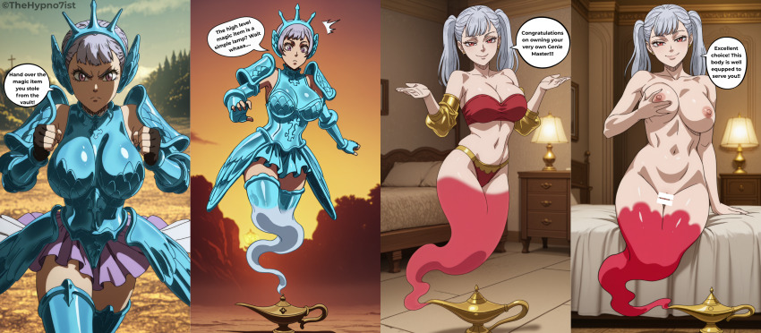 ai_art before_and_after black_clover censored femsub genie grey_hair large_breasts nipples noelle_silva thehypno7ist_(generator) twintails