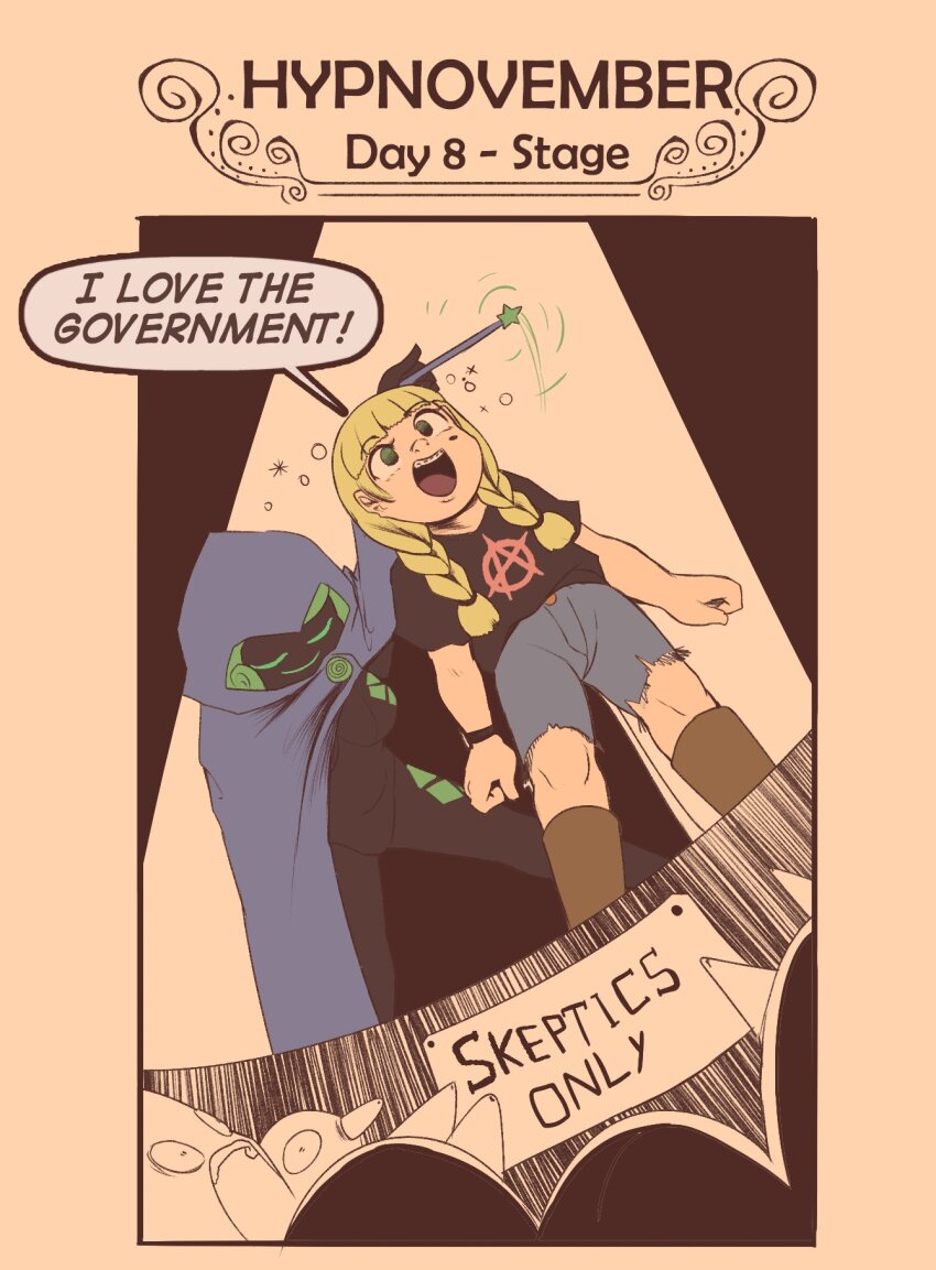 blonde_hair bodysuit braces dialogue empty_eyes femdom femsub green_hair happy_trance hypnovember knee-high_boots magic original pstash shorts smile stage stage_hypnosis surprised text