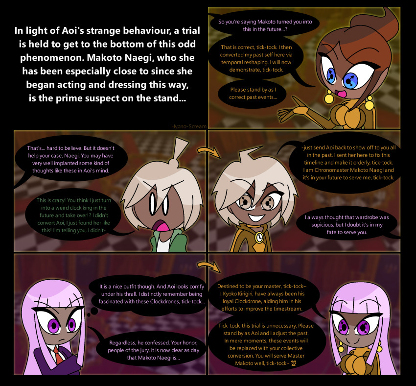 ahoge altered_common_sense altered_perception alternate_color_scheme aoi_asahina assertive_sub before_and_after blonde_hair blue_eyes bodysuit brown_eyes brown_hair clock comic complex_background dangan_ronpa dark_skin dronification eyebrows_visible_through_hair fembot femsub happy_trance hypnoscream hypnotized_dom hypnotized_hypnotist instant_loss jacket kyoko_kirigiri large_breasts long_hair looking_at_viewer makoto_naegi malesub mass_hypnosis memory_alteration multiple_girls multiple_subs open_mouth purple_eyes purple_hair short_hair smile speech_bubble standing standing_at_attention straight-cut_bangs suit symbol_in_eyes text tick-tock_saying tie time_travel