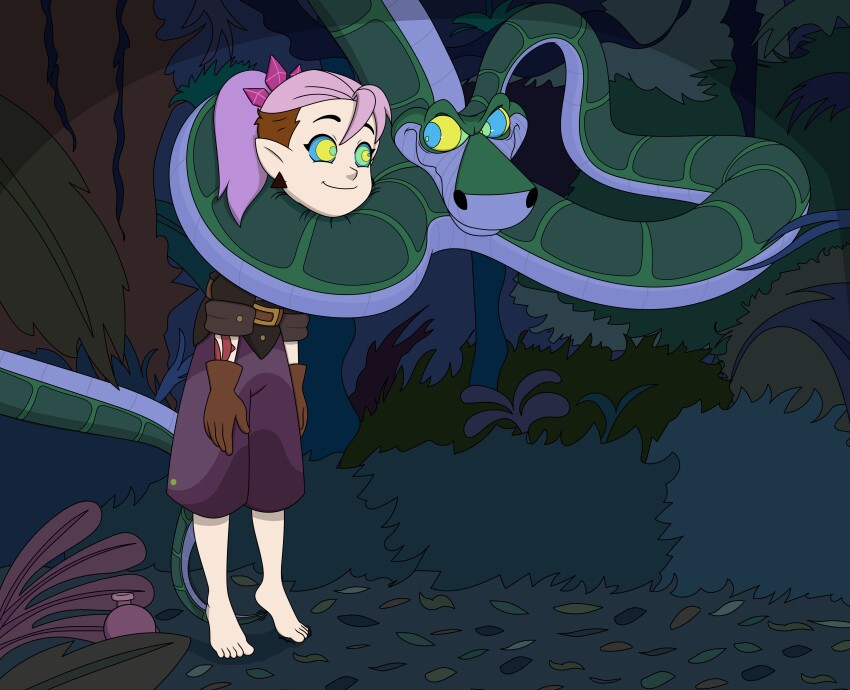 absurdres amity_blight barefoot chin_hold clothed coils crossover disney elf_ears feet femsub gloves happy_trance hypnotic_eyes kaa kaa_eyes leaning_forward long_hair maledom outdoors purple_hair rubio515 smile snake standing standing_at_attention the_jungle_book the_owl_house tickling tiptoes