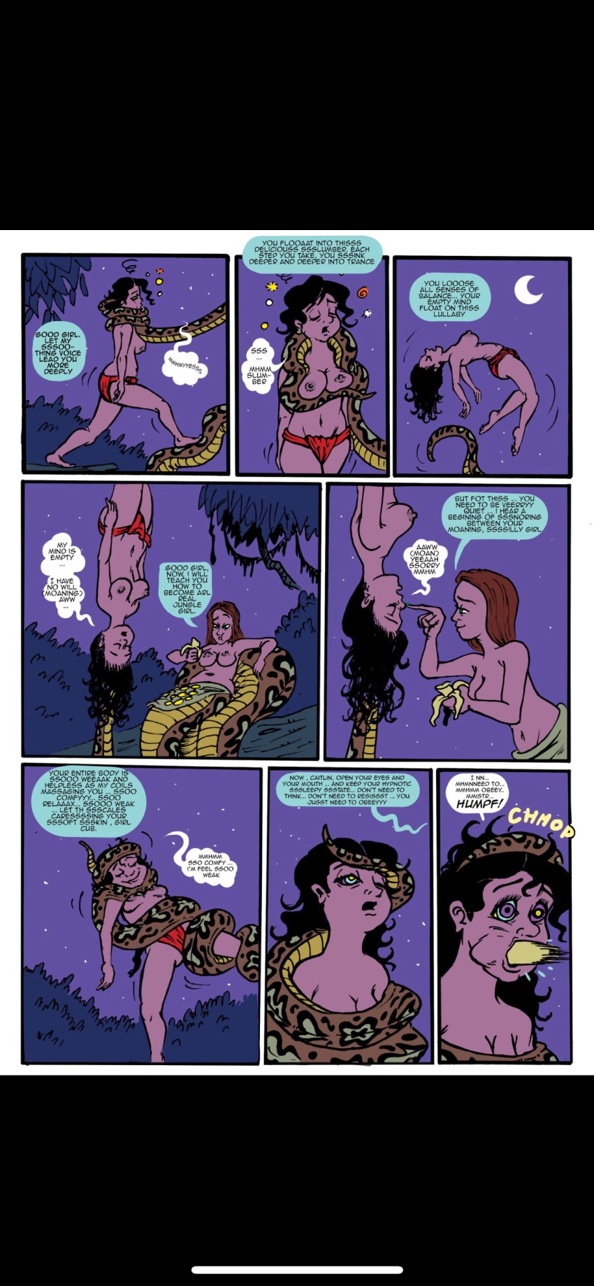 bandana bicooo6 black_hair brown_hair coils comic female_only femdom femsub happy_trance jungle kaa_eyes long_hair naga_girl night original sleepwalking snake_girl speech_bubble text topless yuri