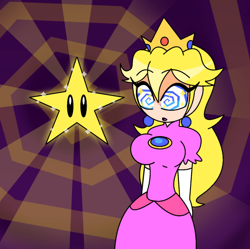 black_eyes blonde_hair blue_eyes breasts clothed crown dazed dress femsub gloves hypnoscream hypnotic_object nintendo opera_gloves princess princess_peach sparkle spiral_background spiral_eyes spiralwash_eyes super_mario_bros. very_long_hair