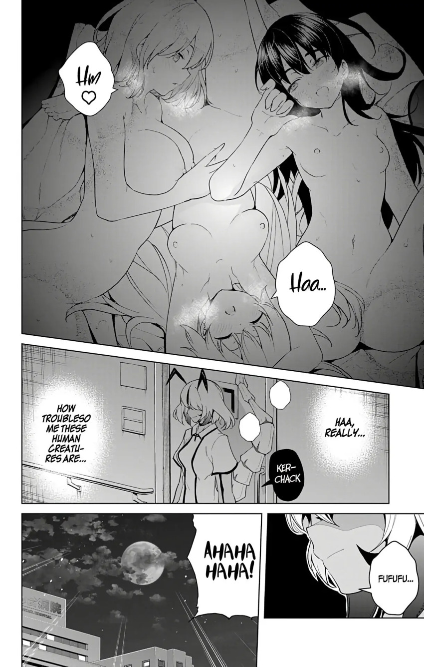 arms_above_head ass blush breasts character_request collarbone comic demon_girl dialogue english_text femdom femsub greyscale harem large_breasts lying maihime_shirayuki momoka_momozono monochrome navel night nipples nude official official_art open_mouth outdoors pheromones ryouma_kitada sexuality_change small_breasts sora_tenkuji source_request speech_bubble spread_legs super_hxeros tail thighs yuri