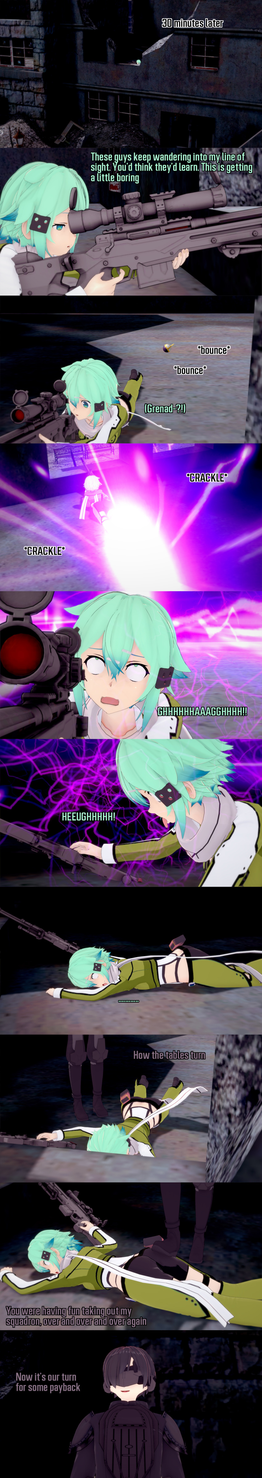 absurdres aware black_hair dialogue english_text eye_roll femsub green_eyes green_hair gun maledom one_eye_open shino_asada short_hair surprised sword_art_online text weapon zenin1