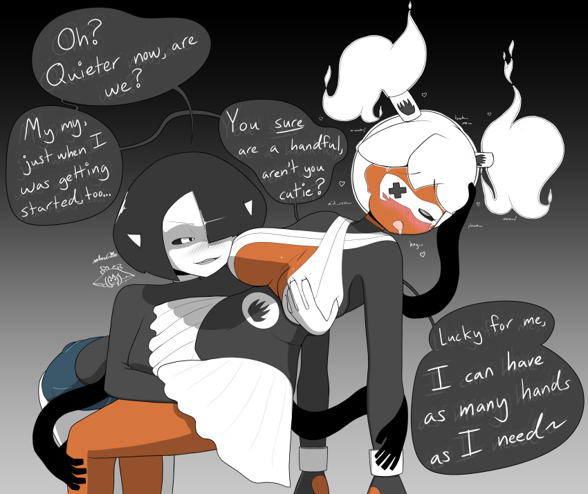 alternate_costume alternate_hair_color alternate_hairstyle black_hair black_sclera blush breasts carrying cleavage dialogue drool elf_ears evil_smile expressionless eye_roll eyepatch femdom femsub flame gradient_background groping large_breasts leaning_forward mask nemy open_mouth original phantom_hand shade_(sobergin) short_shorts signature skirt smile sobergin speech_bubble spiral_eyes super_hero sweater tan_skin text thighs twintails uniform white_eyes white_hair white_skin