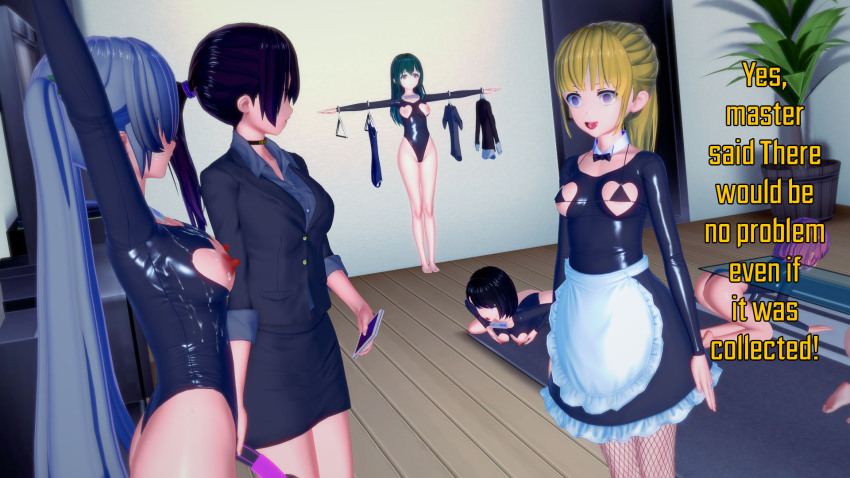 3d 8x9wo barefoot black_hair blonde_hair blue_hair bodysuit collar eye_roll female_only femsub fingering groping happy_trance headphones human_furniture inanimate_object koikatsu! long_hair maid original pink_hair ponytail purple_hair robotization sequence short_hair standing_at_attention symbol_in_eyes tears tech_control text tongue_out translated white_hair whitewash_eyes