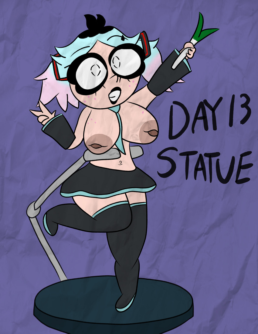 alternate_costume breasts emberlynn_pinkle helluva_boss hypnovember inverted_nipples miku_hatsune multicolored_hair statue tcross topless vocaloid