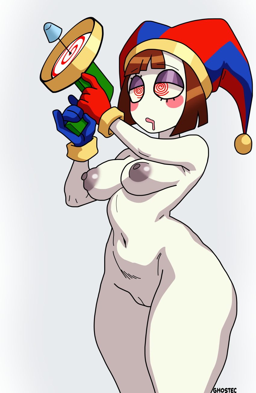 bare_shoulders bottomless brain_drain breasts brown_hair cap clown clown_girl crossed_eyes dazed drool expressionless female_only femsub ghostec gloves hat hypno_beam hypnotic_gun hypnotized_hypnotist jester jimmy_neutron_(series) navel nickelodeon nipples nude open_mouth pale_skin pomni pussy raygun red_eyes self_hypnosis short_hair signature simple_background solo spiral_eyes standing straight-cut_bangs the_amazing_digital_circus thick_thighs topless white_background white_skin wide_hips