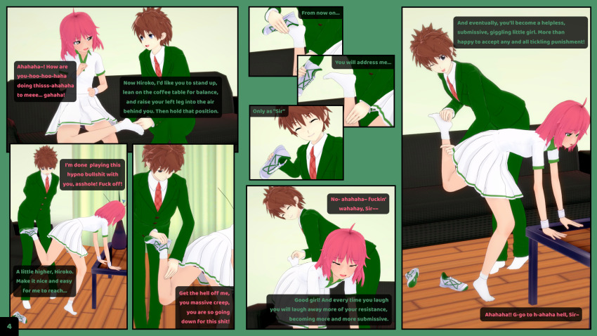 3d body_control comic couch dialogue doa femsub green_eyes hiroko_homura koikatsu! kyou_koyama maledom penlight pink_hair school_uniform sneakers socks text tickling