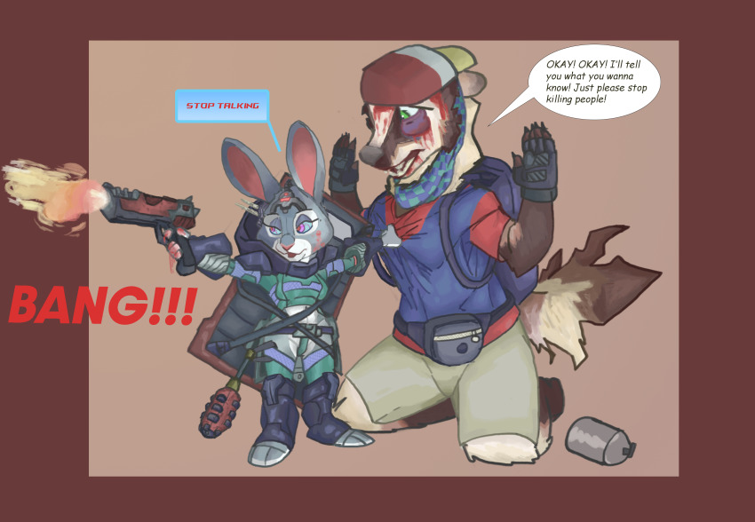 badger_boy blood femsub furry gun judy_hopps police_uniform policewoman smagadoodle spiral_eyes tech_control text zootopia