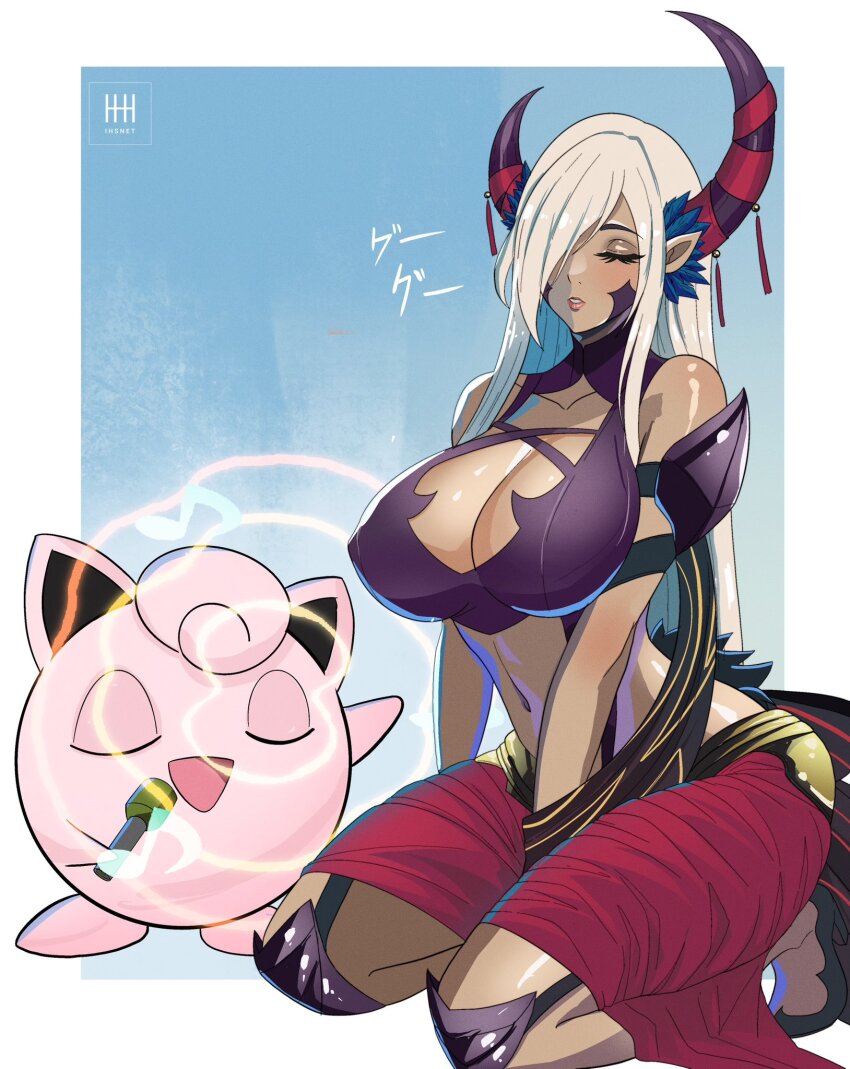 blush breasts cleavage closed_eyes femsub fire_emblem horns huge_breasts hypnotic_audio hypnotic_music hypnotic_voice ihsnet jigglypuff microphone midriff navel nintendo pokemon pokemon_(creature) signature simple_background singing sitting sleeping very_long_hair white_hair zephia_(fire_emblem)