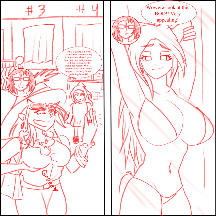 arms_above_head blazy69 breast_fondling breasts character_request dialogue earrings english_text femsub groping happy_trance hat heart hypnotic_accessory jewelry large_breasts milf mirror monochrome necklace original possession reflection ring smile speech_bubble standing symbol text very_long_hair