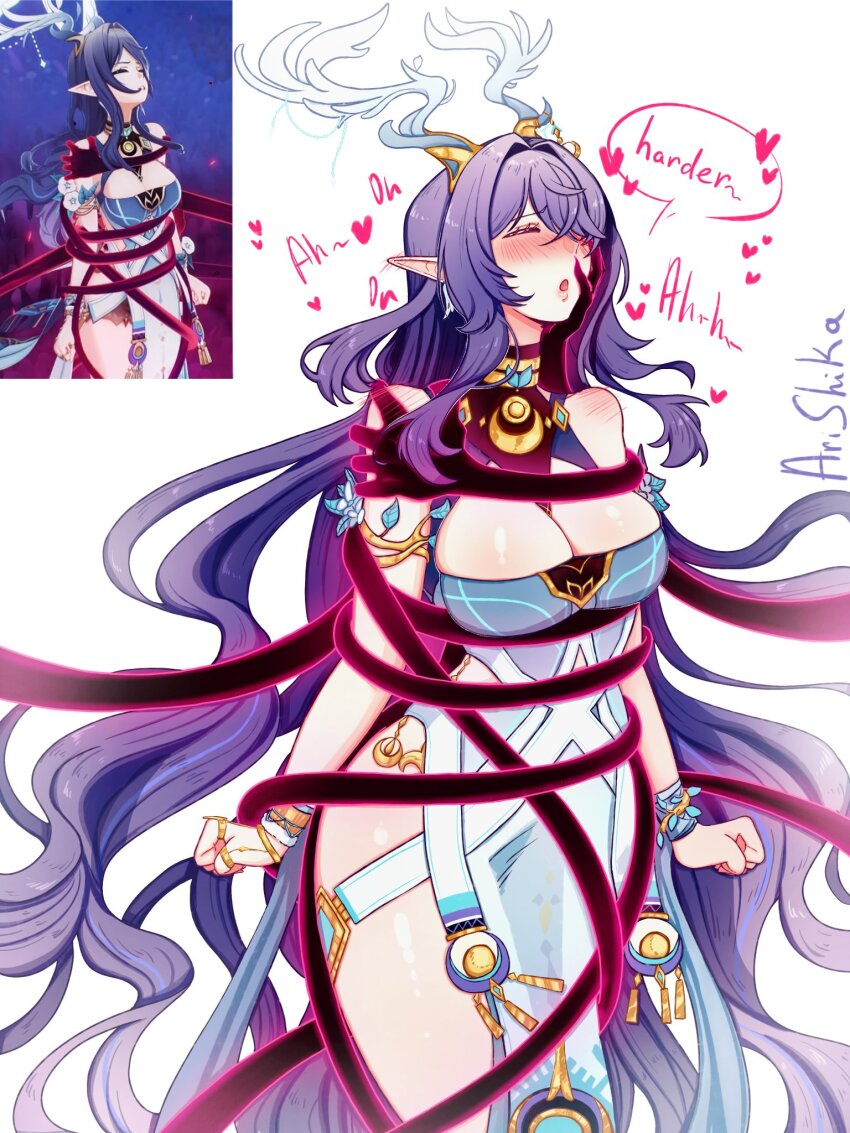 antlers arishika blush bondage breasts cleavage closed_eyes dialogue dress english_text femsub genshin_impact hair_covering_one_eye hand_on_another's_cheek large_breasts lauma long_hair maledom mind_break purple_hair rerir restrained screenshot speech_bubble symbol tentacles text