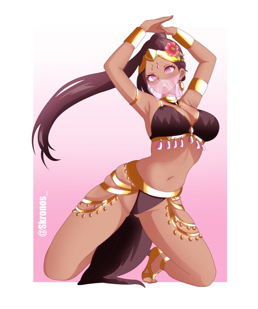 arm_bands border bracelet breasts brown_hair circlet cleavage collar dancing empty_eyes female_only femsub flower flower_in_hair hair_ornament harem_outfit high_heels jewelry kneeling kronobas28 large_breasts loincloth original pink_eyes ponytail see-through signature simple_background smile solo spread_legs veil very_long_hair watermark